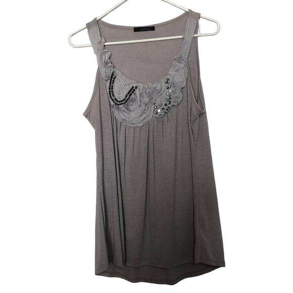B'Leev Women's Grey Floral Bead & Tulle Design Tank Top XL - Picture 1 of 5